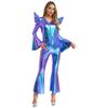 Metallic Shiny Bell Bottom Jumpsuit for Women S-3XL: Disco Style Romper with High Waist & Long Sleeves, Halloween Costume