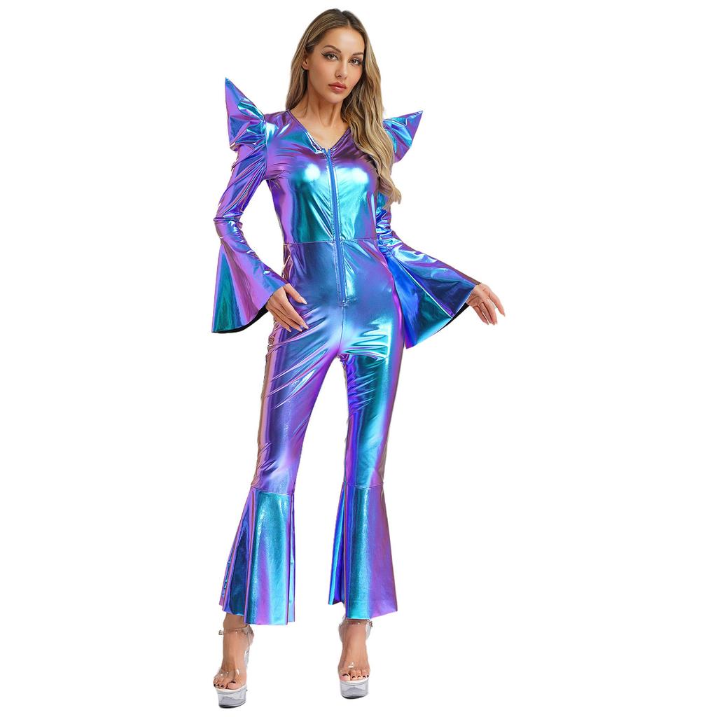 Metallic Shiny Bell Bottom Jumpsuit for Women S-3XL: Disco Style Romper with High Waist & Long Sleeves, Halloween Costume