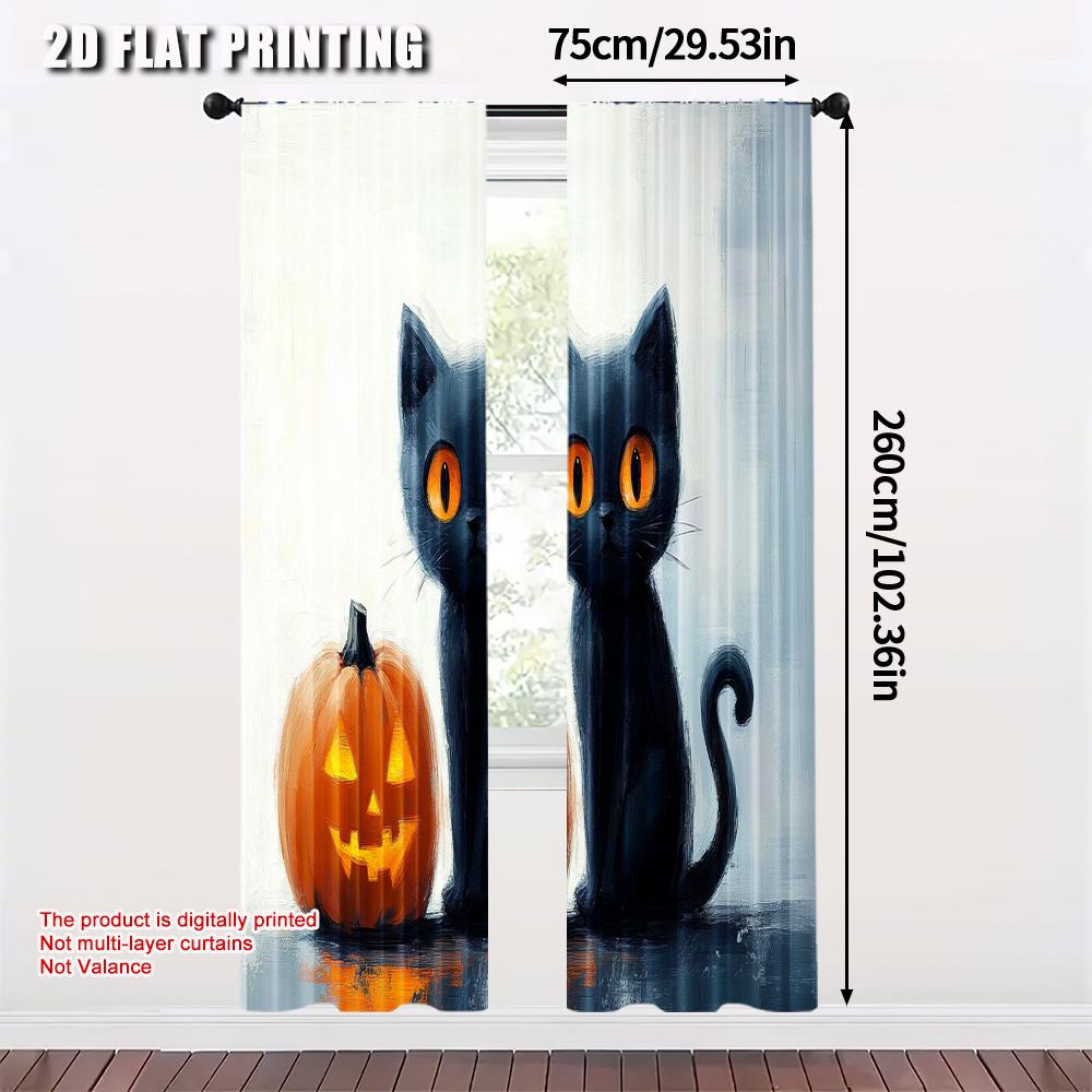 2pcs, plane printing Pattern Curtains Cute black cat and Halloween pumpkin on the steps in the dusk atmosphere Durable 100%