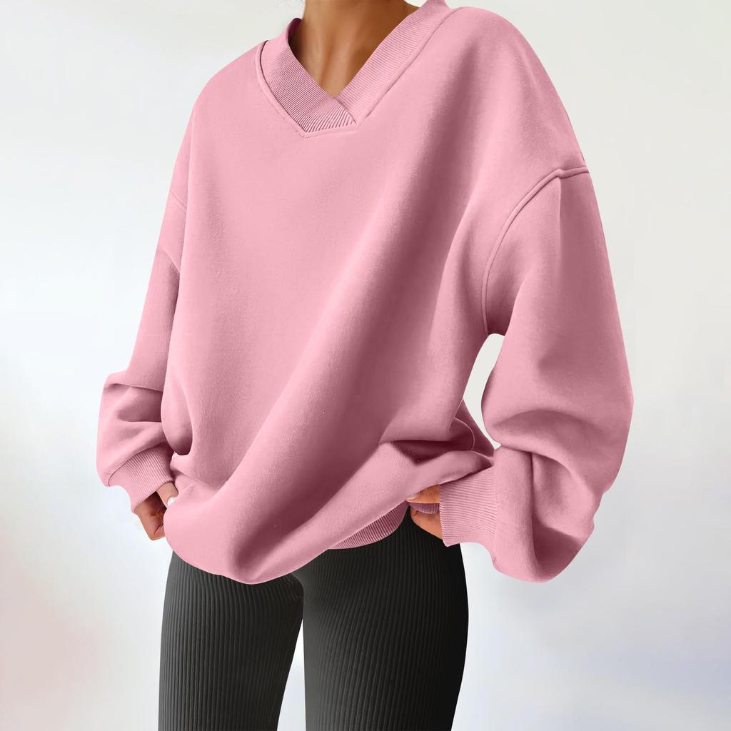 Women Winter Tops Women's Long Sleeve Sweatshirt Casual V-neck Loose Fit Pollover Fleece Tops