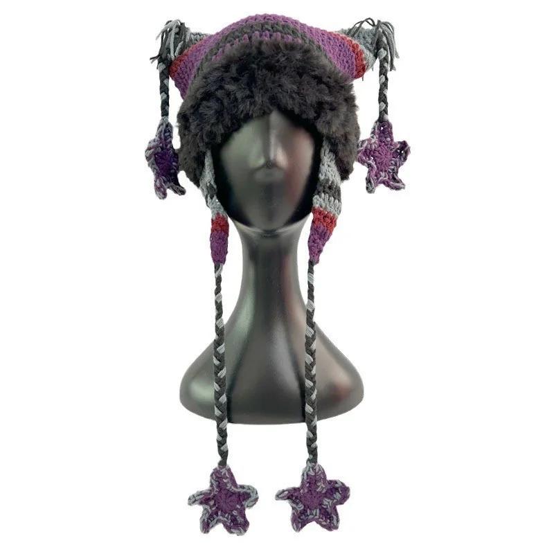 Японский дизайнер Пентаграмма Skullies Beanie Женская Осенне-зимняя теплая защитная шапка для ушей ручной работы Вязаная шапка с кошачьими ушками в полоску Y2K
