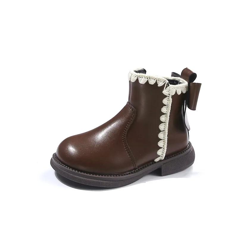 Ботинки принцессы для девочек в британском стиле, новые модные детские зимние ботинки с бантом, плюшевые универсальные детские повседневные хлопковые ботинки с нескользящей подошвой