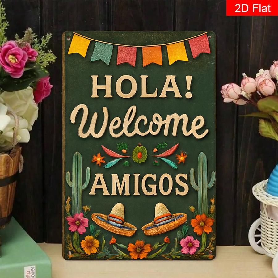 Mexican Wall Art Hola Amigos Sign Cactus Sombrero Metal Decor Vintage Home Cafe Easy to Hang