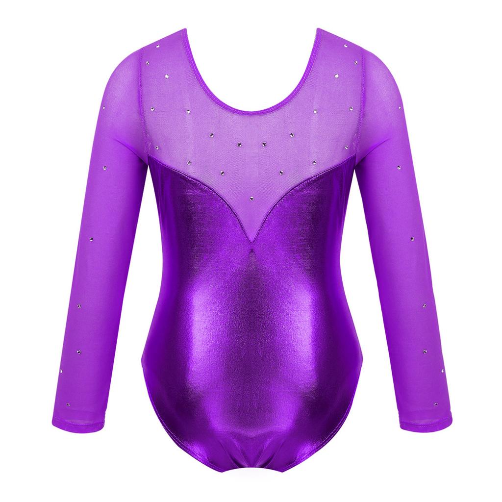 Детский цельный фатиновый комбинезон для девочек с длинными рукавами и блестящими стразами металлик для балета, танцев, гимнастики, трико, комбинезон