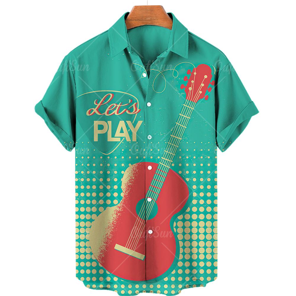 Summer Hawaiian Shirts For Men Music Guitar Printed Tops Clothing Fashion Casual Oversized Collar Rock And Roll Blouses