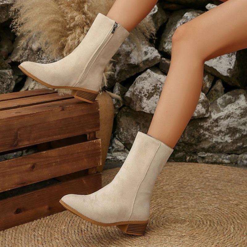 New Pointed Martin Boots Fashion Mid Tube Side Zipper Suede Large Size Thick Heel Fashion Boots