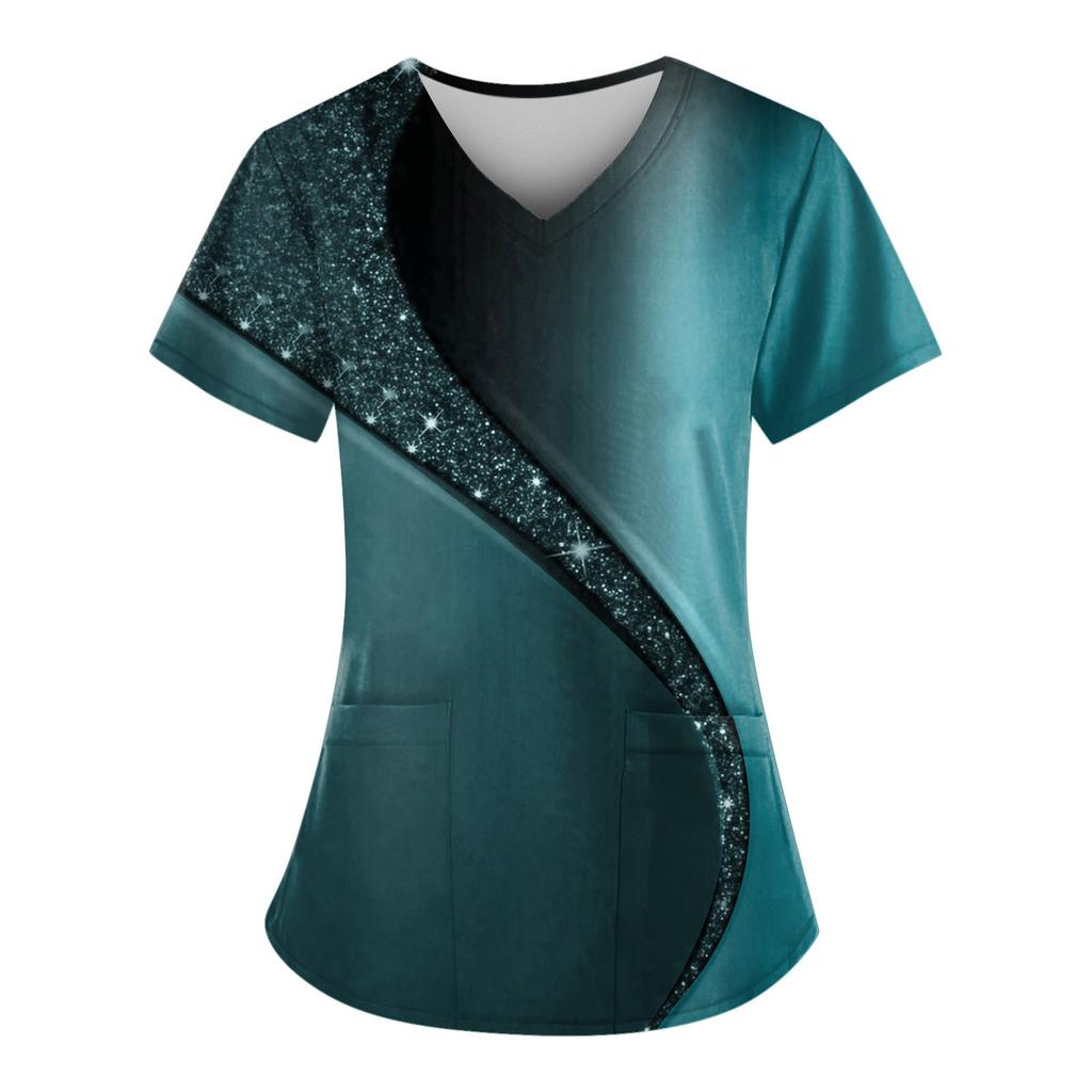 Рабочая форма больших размеров с принтом, топы для женщин, забавные футболки с v-образным вырезом и короткими рукавами, рабочая одежда, футболка с карманами