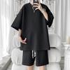 Summer Solid Color Short-sleeved T-shirt Suit Men's Casual Loose Fashion Waffle Five-point Pants Sports Suit
