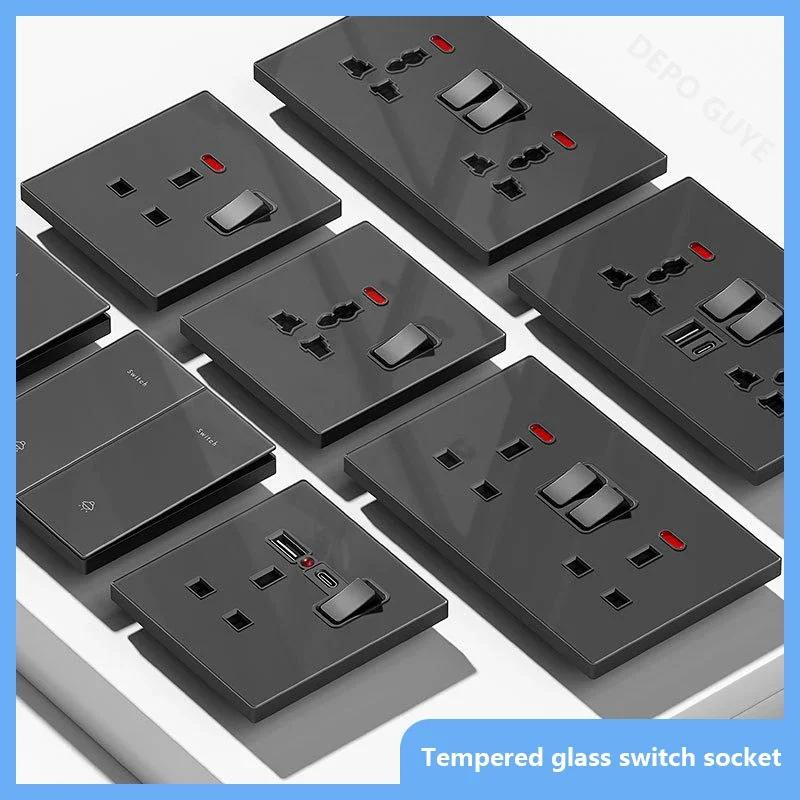 Стандарт Великобритании 20 Вт Type-C розетка для быстрой зарядки универсальный настенный выключатель света на 2 направления, черное закаленное стекло двойная 3-контактная USB розетка