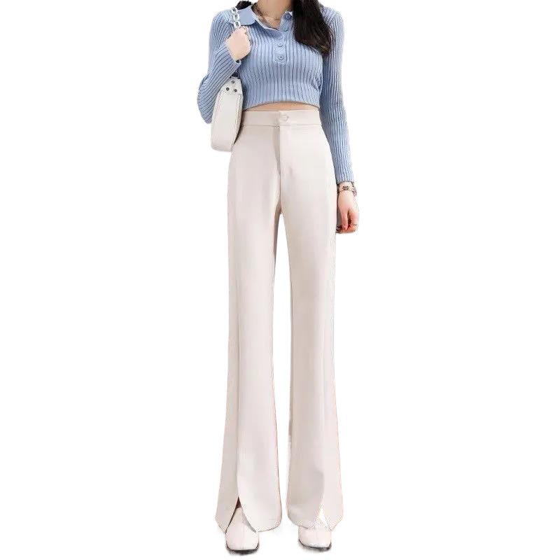 2026 Women's High-Waisted Flowing Black Micro-Flare Wide-Leg Trousers with Slit