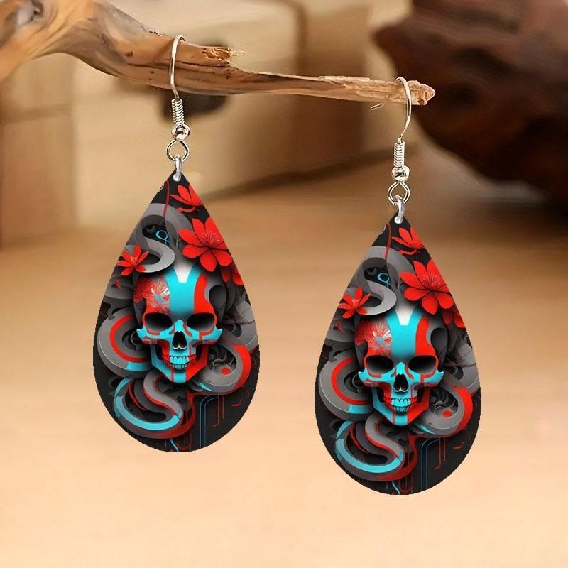 Themed Flower Halloween Skull Patterns Water Droplet Shaped Women Earrings