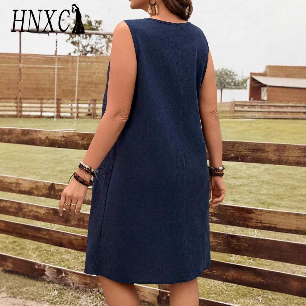 HNXC Женская мода лето весна однотонный принт без рукавов с круглым вырезом и высокой талией повседневные платья