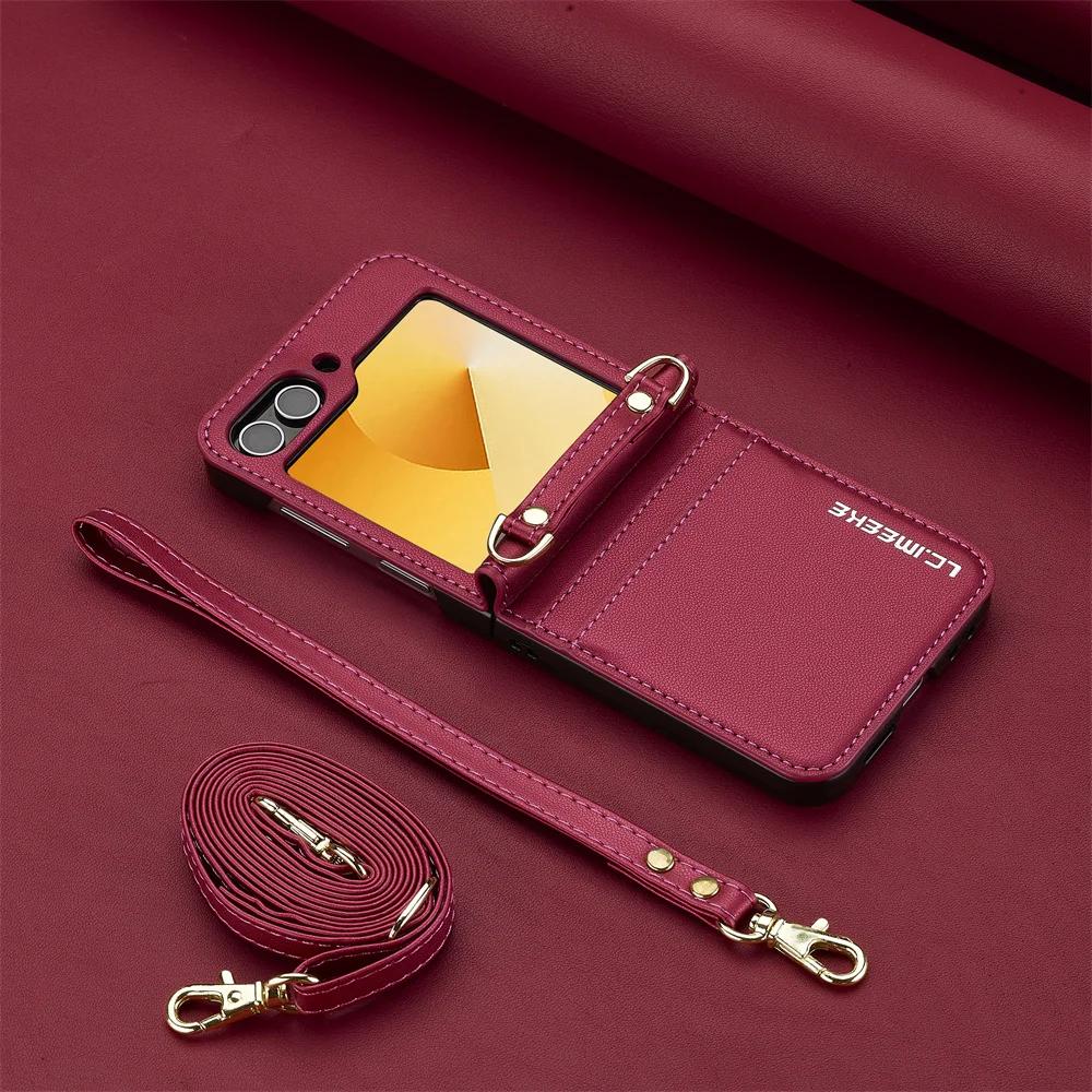 Чехол-кошелек через плечо для Samsung Galaxy Z Flip 6 5 4 3 Flip6 Flip5 Flip4 Flip3 5G Держатель для карт Ремешок на руку Шнурок Кожаный чехол