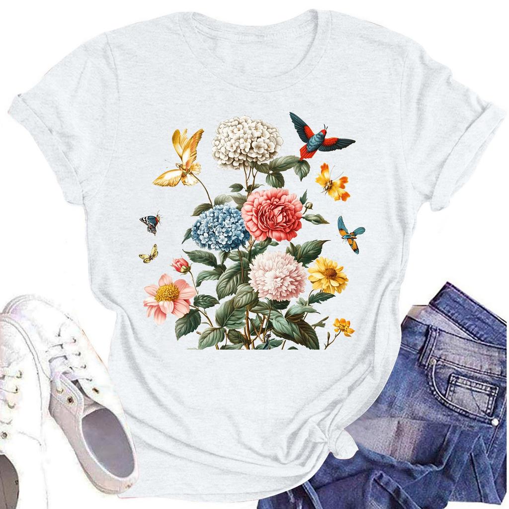 Женская повседневная футболка с круглым вырезом и цветочным принтом, короткий рукав
