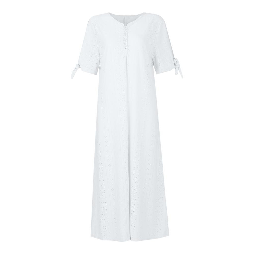 Women's Fashion Casual Solid Color Round Neck Button Off Shoulder Short Sleeve Pocket Dress