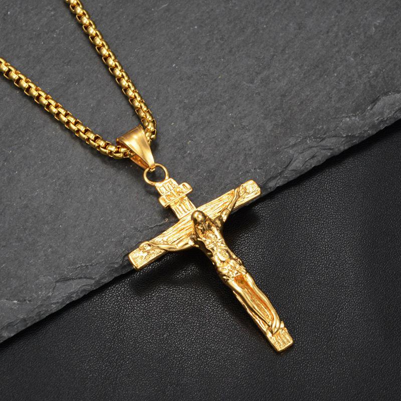 Religious INRI Crucifix Jesus Cross Pendant Necklace Gold Color Stainless Steel Neck Chain for Men Christian Catholic Jewelry