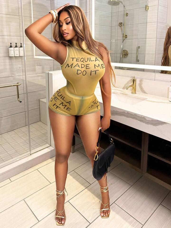 European & American 1116 Summer Fashion High Neck Print Letters Sleeveless Sexy Bodysuit and Shorts Set for Women