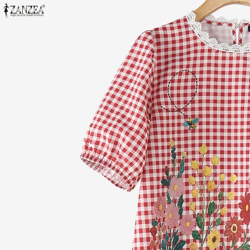 ZANZEA Женская повседневная блузка в клетку с круглым вырезом и коротким рукавом