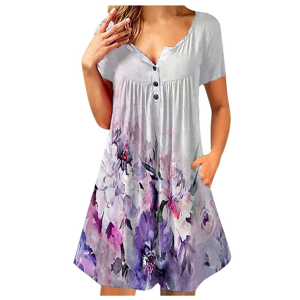 Ladies Casual Round Neck Button Ruched Trim Printed High Waist Loose Dress