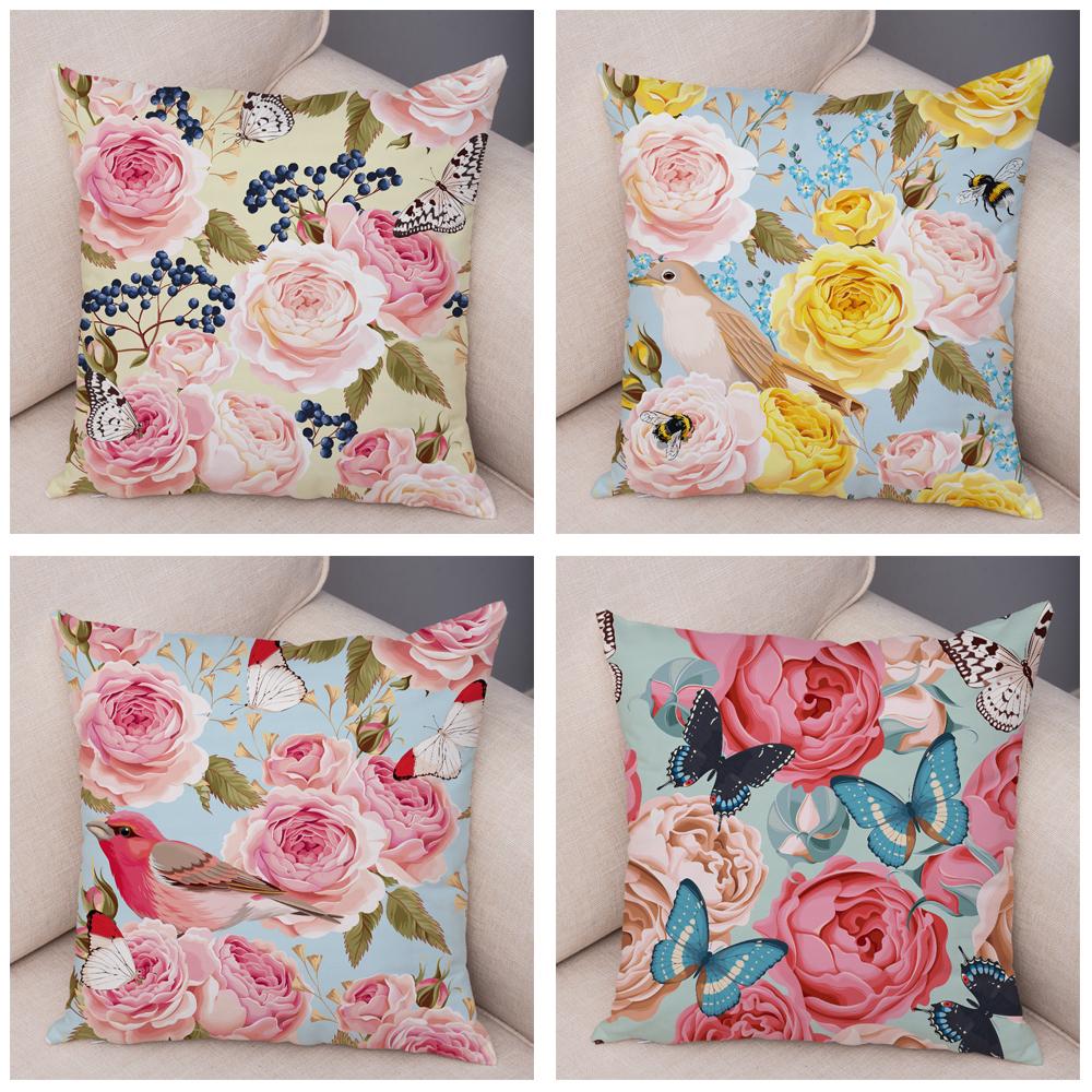 Rose Red Flower Pillowcase Decorative Bird Flower Plant Pillowcase Cushion Sofa Home Car