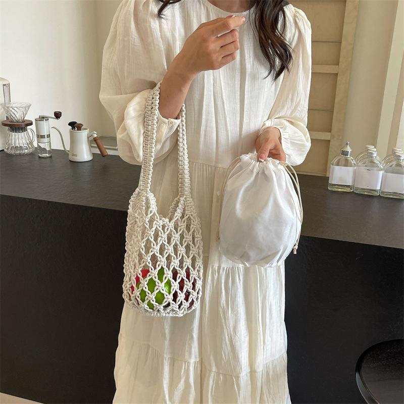 Летняя пляжная сумка для женщин, сетчатая веревочная вязаная сумка-ведро на плечо, сетчатые полые дорожные сумки-шопперы, женские модные сумки