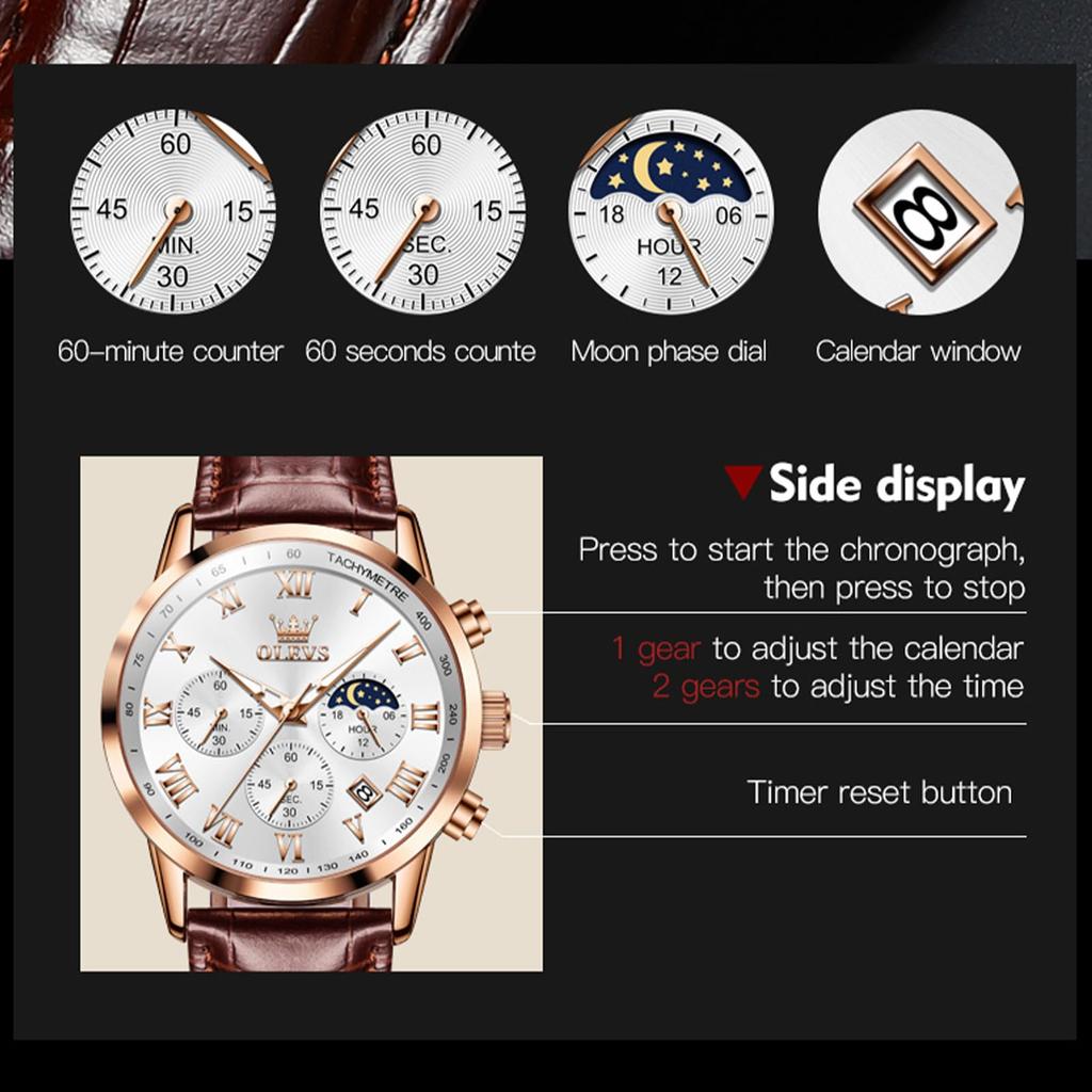 Часы OLEVS Простые стильные водонепроницаемые наручные часы с аналоговым коричневым кожаным ремешком, классные популярные деловые часы с римскими цифрами, легко читаемая дата, светящиеся