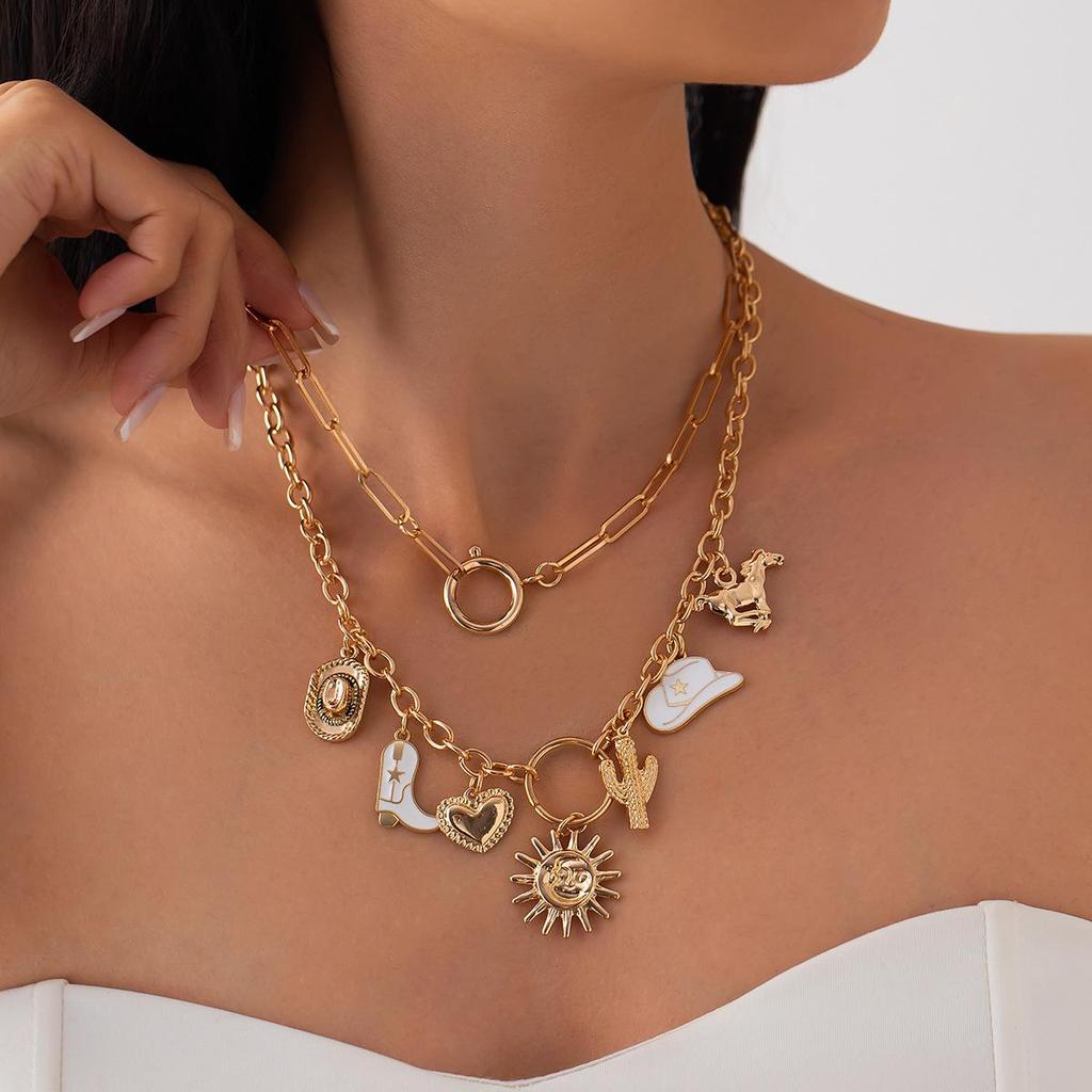 Summer Beach Collection Pendant Necklace Holiday Style Love Sun Cross Chain Lock Bone Chain Personalised Fashion Vintage Women's Necklace