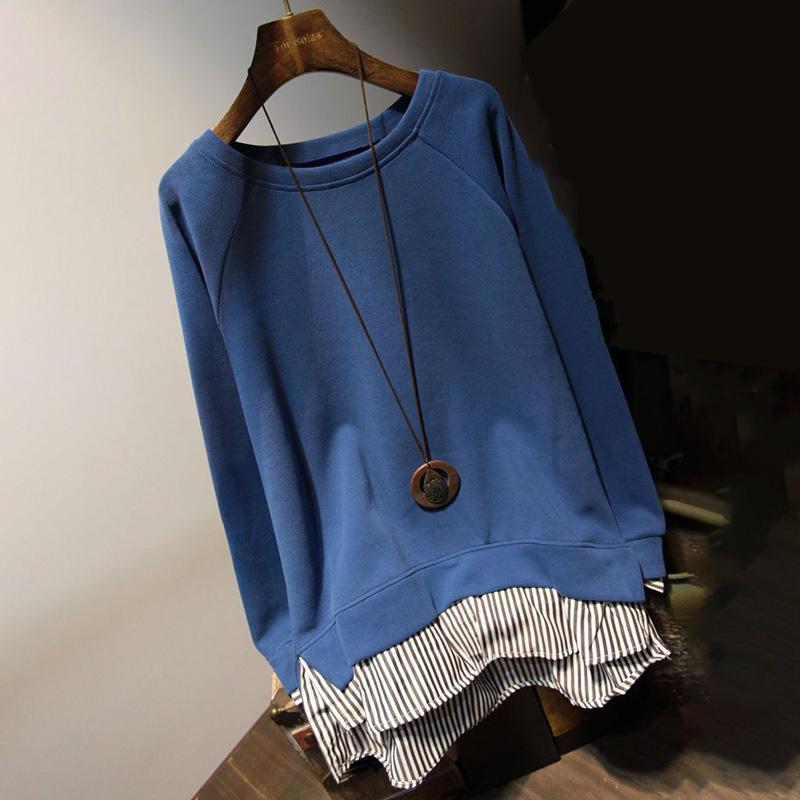 Свободный свитшот, женский осенний искусственный комплект из двух частей в полоску, сотни повседневных топов средней длины с круглым вырезом