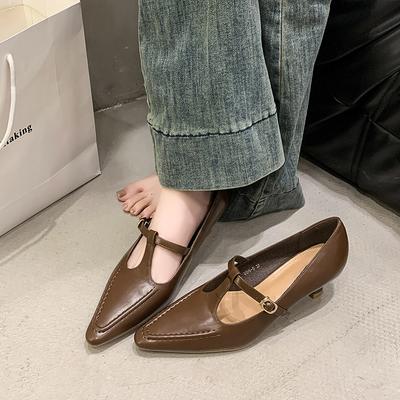 Мягкая кожа Туфли на высоком каблуке Женские Заостренный носок Тонкий каблук Натуральная кожа для юбок Ажурные Ретро Одинарные Летние 2025