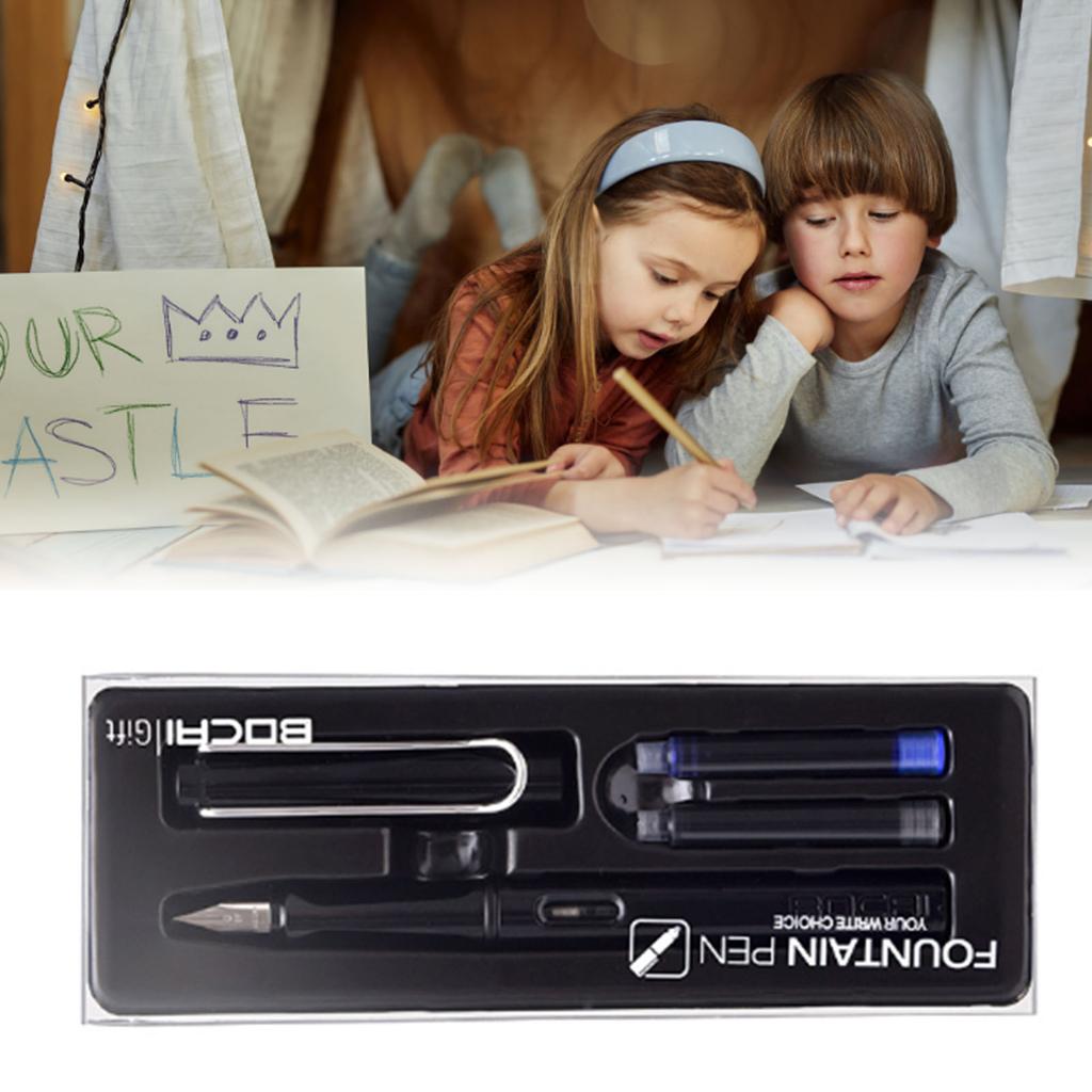 Refillable Fountain Pen with Ink Cartridge Stainless Steel Chrome Plated 0.38mm Nib Writing Pen Set Black