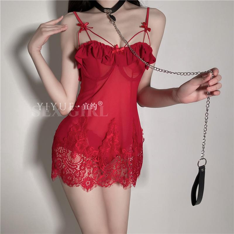 Erotic Underwear, sexy halter nightgown, Hot lace Seductive, Cut-out beauty back, steel support, Gathering pajamas 8474