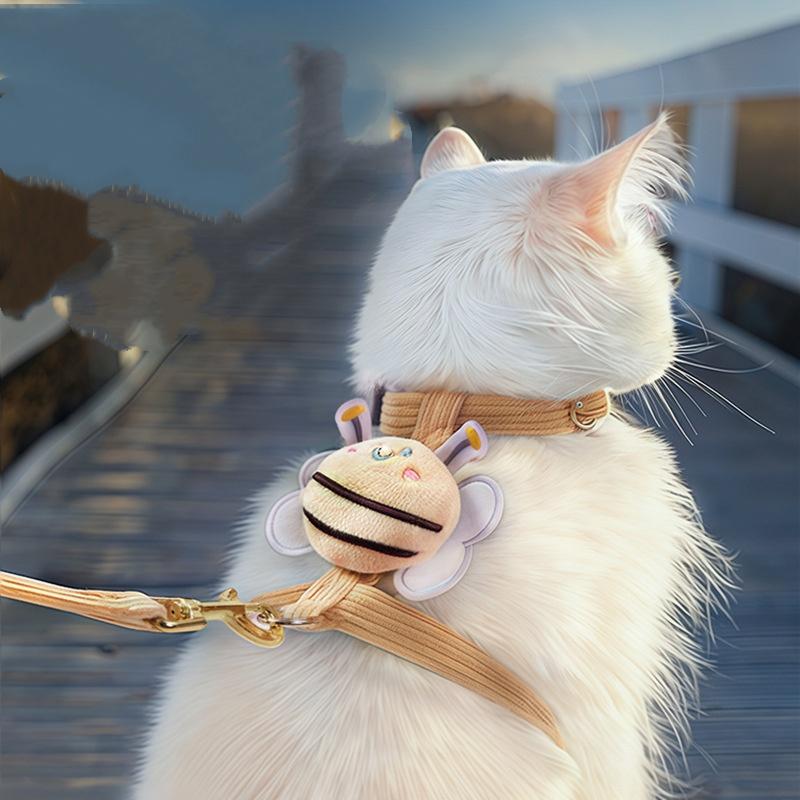 Cat Harness Collar Set Adjustable Cartoon Bee Double Layer Pet Harness for Small Medium Dog Cat Pet Collar Leash Outdoor