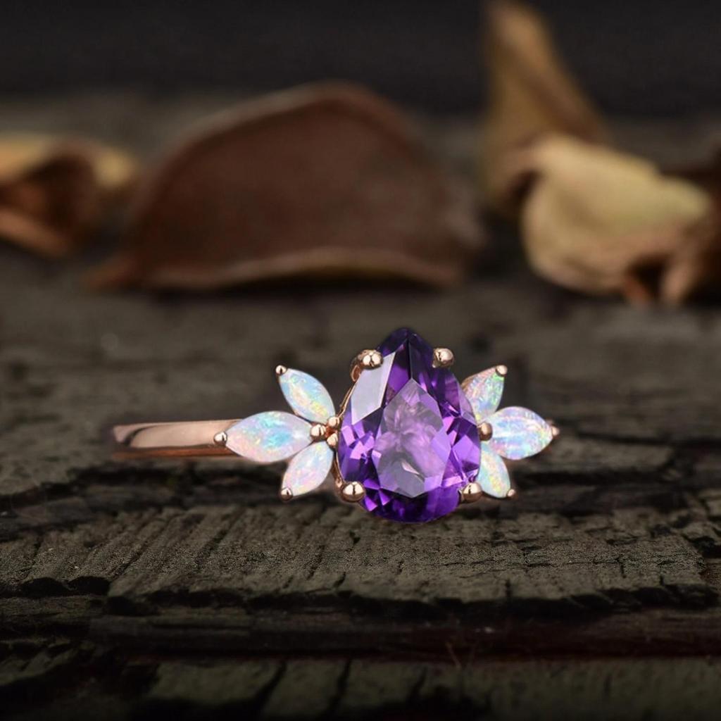 Vintage Pear Amethyst Engagement Ring: Marquise Opal Wings Wedding Band: Art Deco Bridal Wedding Jewelry For Her