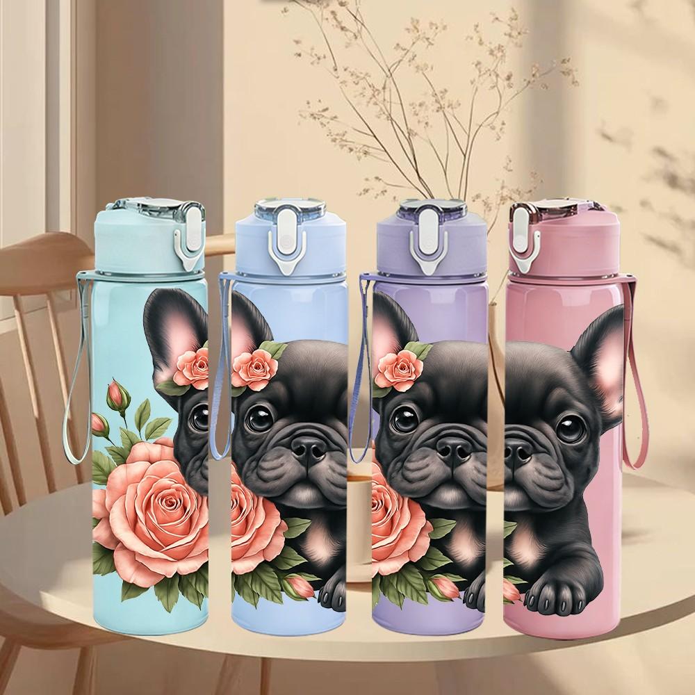 1PC French Bulldog Rose Flower Print 750ml Color Plastic Sports Water Bottle Leakproof Flip Straw Lid Suitable for Sports Office Home Use
