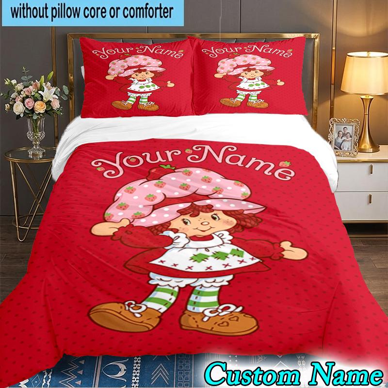 Custom Name 3PCS Straw-berry Friends Bedding Set,Including Duvet Cover And 2pcs Pillowcases Perfect for Bedroom,Dormitory,Fan Christmas gift