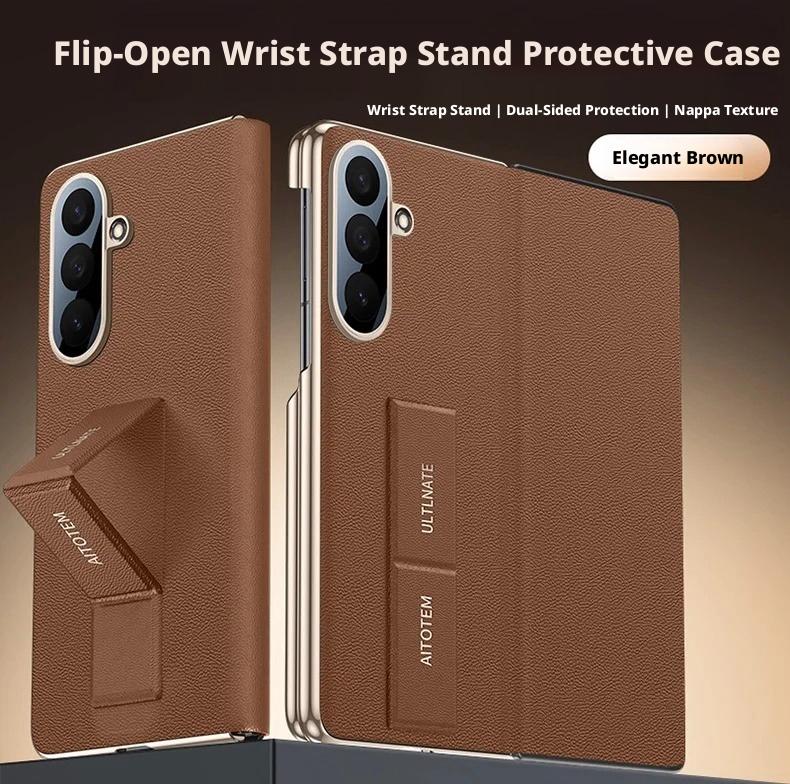 Для Samsung Galaxy Z Fold 7 Чехол из натуральной кожи Наппа PU с двойным шарниром Защита камеры Ремешок на руку Держатель ремешка для пальца Флип-чехол