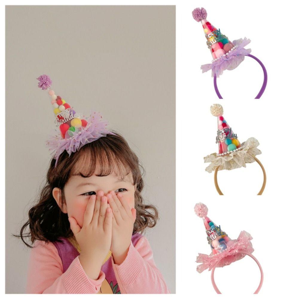 Разноцветная шляпа на день рождения, повязка на голову в корейском стиле, кружевной сетчатый обруч для волос, повязка для волос с днем ​​рождения, детская