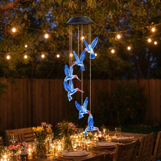 Солнечный Колокольчик-Подвеска Световой в Форме Колибри, Солнечный Колокольчик Меняющий Цвет, Подвесная Светодиодная Лампа-Колокольчик для Улицы, Сада, Двора