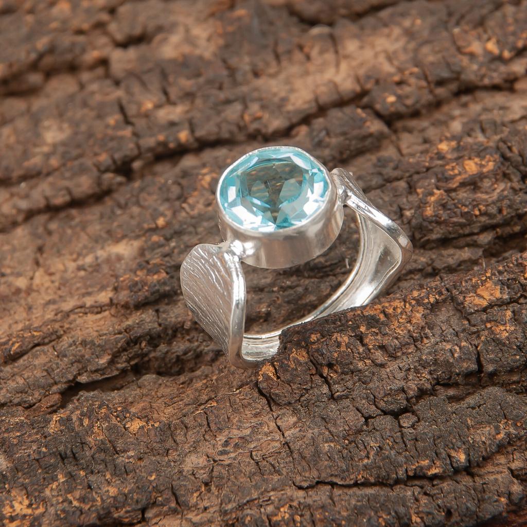 Редкий драгоценный камень Голубой Топаз Небо 925 Стерлинговое Серебро Ювелирные Изделия Ручной Работы Обручальное Кольцо RR-1-3