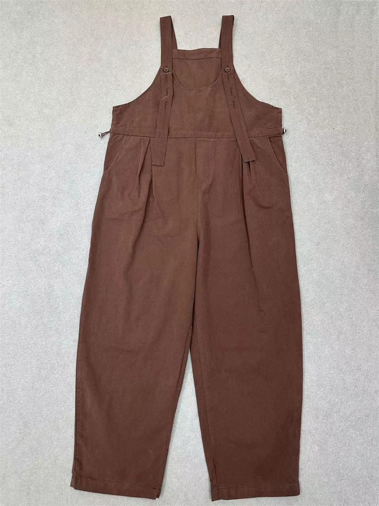 Johnature Retro Cargo Bib Bodysuits Women Autumn Casual Comfortable Loose Straight Leg Sleeveless Simple Jumpsuits