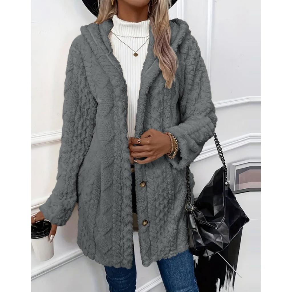 Women's Suede Diamond Hollow Flannel Jacket - Soft Medium Stretch Loose Fit Long Winter Jacket with Button Up Front and Slit Hem
