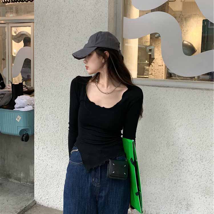 Футболки с длинным рукавом, женские вязаные стройные осенние футболки с неровным подолом, шикарные модные сексуальные однотонные футболки