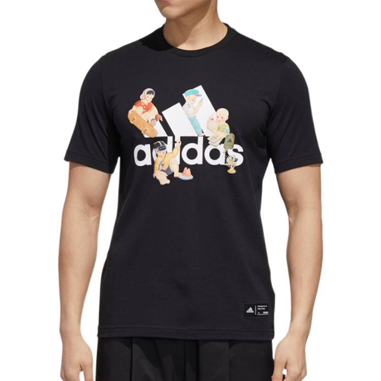Adidas Футболка с логотипом алфавита из мультфильма и круглым вырезом, с короткими рукавами, мужские топы, черный GL0398