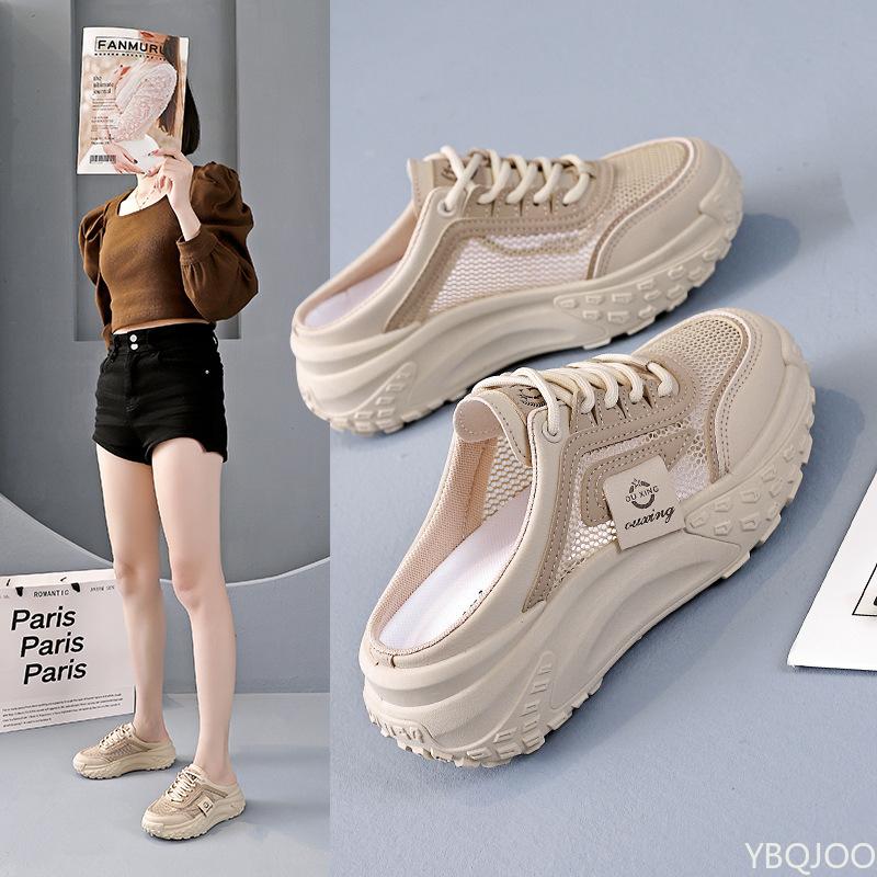 Повседневная женская обувь на полукаблуке, летняя спортивная обувь для улицы, новая дышащая сетка, простая, удобная, универсальная, крутые шлепанцы