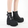 Women's Platform Goth Fashion Mid Calf Boots Punk Motorcycle Chunky High Heeled Shoes Women Leather Black Bat Buckle Ankle Botas