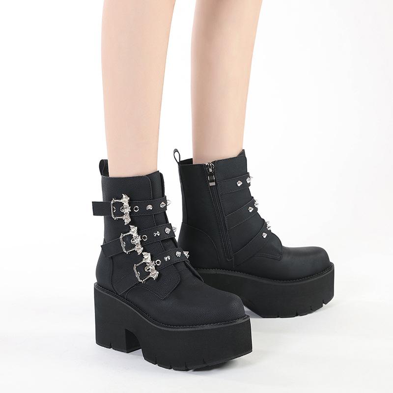 Fashion Women's Platform Goth Fashion Mid Calf Boots Punk Motorcycle Chunky High Heeled Shoes Women Leather Black Bat Buckle Ankle Botas