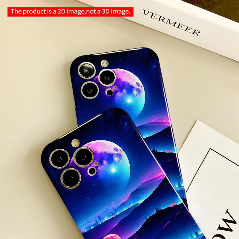 2DFlat Neon Moonscape Cityscape Wallpaper All inclusive film hard iPhone case, compatible with iPhone 18 Pro Max 17 16 15 14 13 12 11