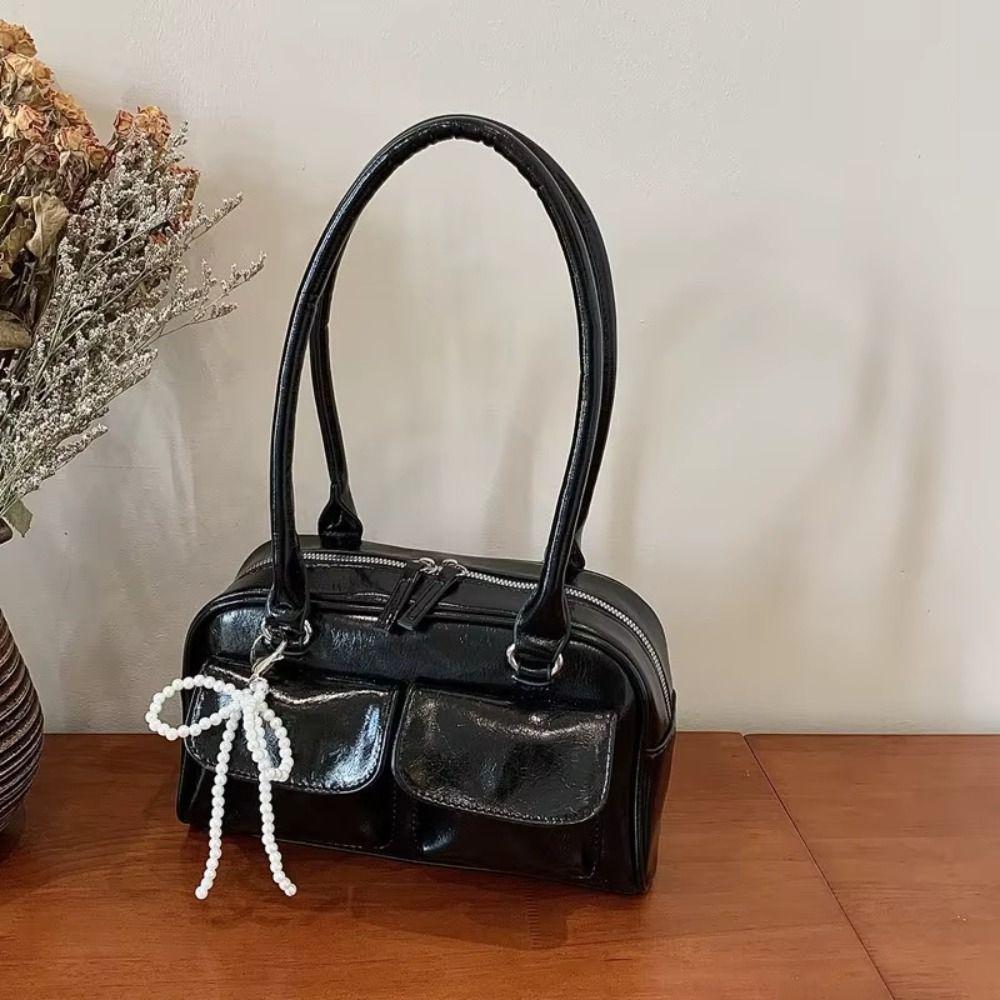 Handbag PU Bowling Bag Solid Color Underarm Bag Mini Pocket Boston Tote Bag Travel