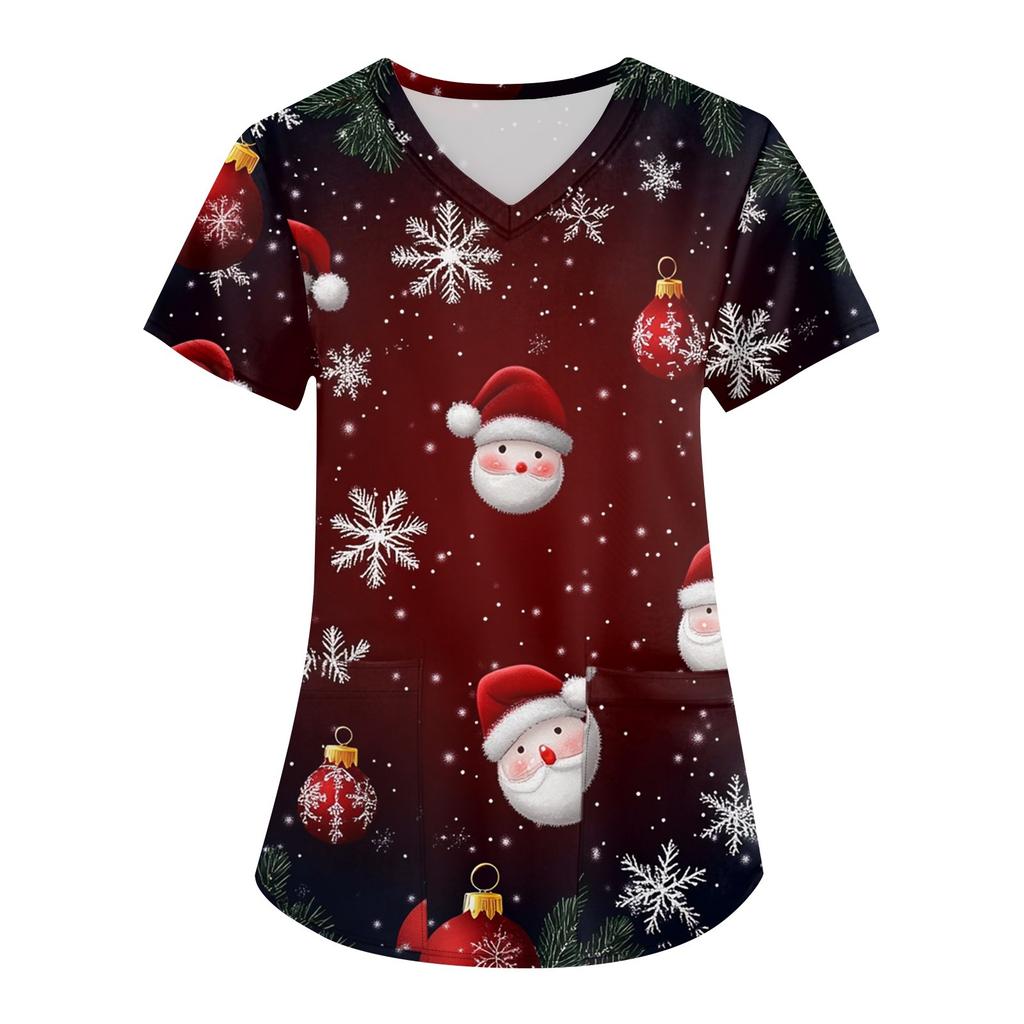 Women's Fashion V-neck Short Sleeve Workwear With Pockets Christmas Printed Tops