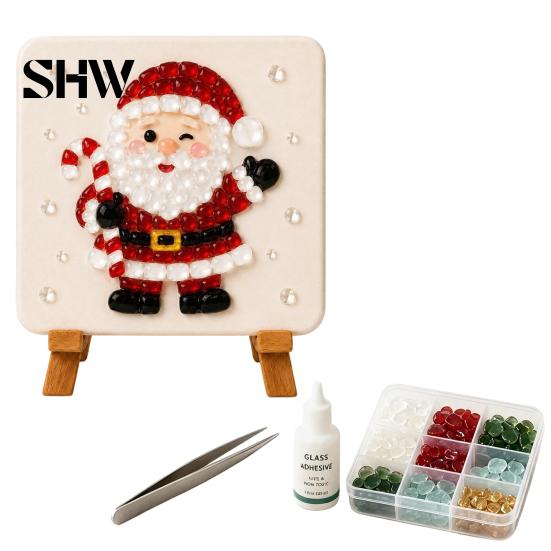 Family Activity Kit Christmas Mosaic Art Kit, DIY Sea Glass Santa Creative Leisure Projects Reindeer Artwork Craft for Home Decor, Handmade